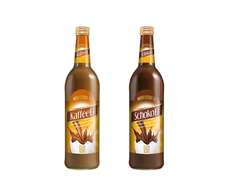 Das Bild zeigt die KaffeEi und SchokoEi Flasche von Nordbrand Nordhausen