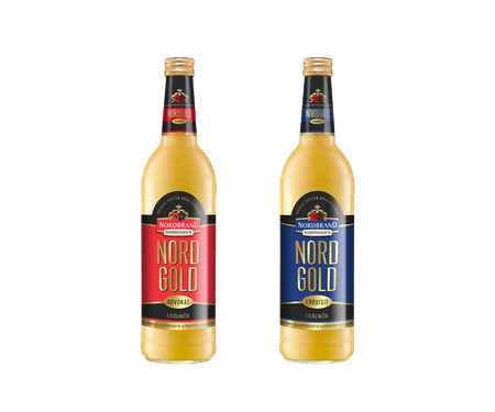 Das Bild zeigt zwei Flaschen Nordgold Eierlikör von Nordbrand Nordhausen